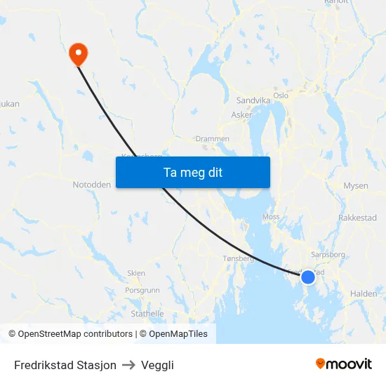 Fredrikstad Stasjon to Veggli map
