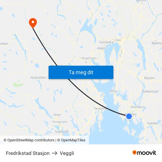 Fredrikstad Stasjon to Veggli map
