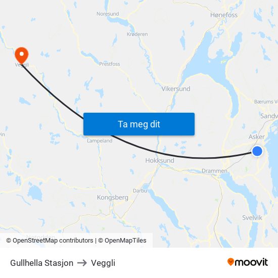 Gullhella Stasjon to Veggli map