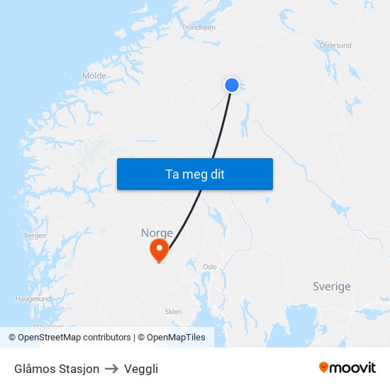 Glåmos Stasjon to Veggli map