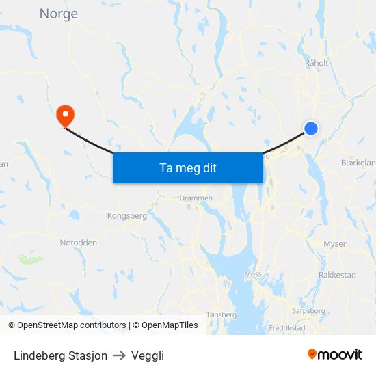 Lindeberg Stasjon to Veggli map