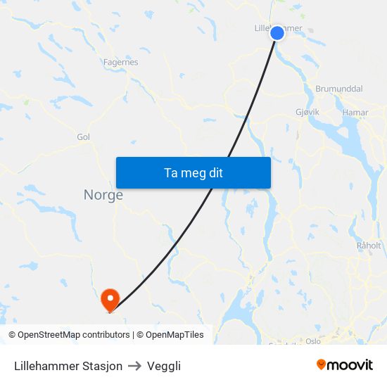 Lillehammer Stasjon to Veggli map