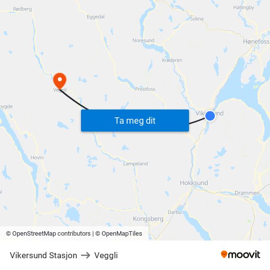 Vikersund Stasjon to Veggli map