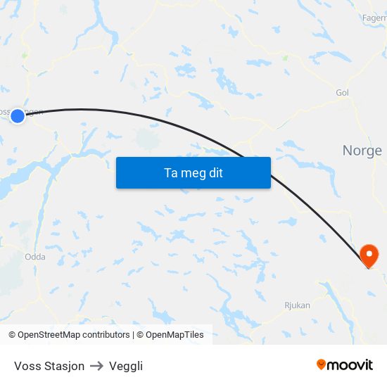 Voss Stasjon to Veggli map