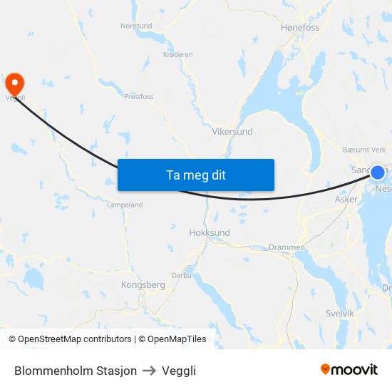 Blommenholm Stasjon to Veggli map