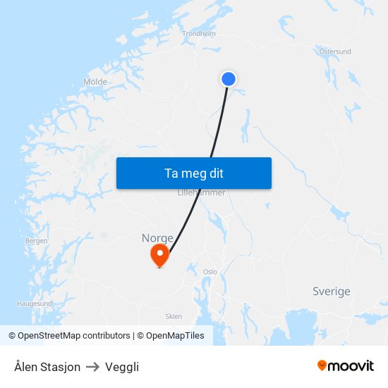 Ålen Stasjon to Veggli map
