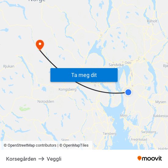 Korsegården to Veggli map