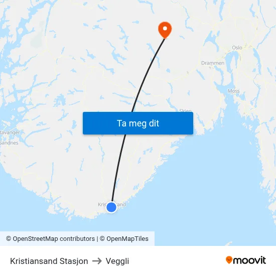 Kristiansand Stasjon to Veggli map