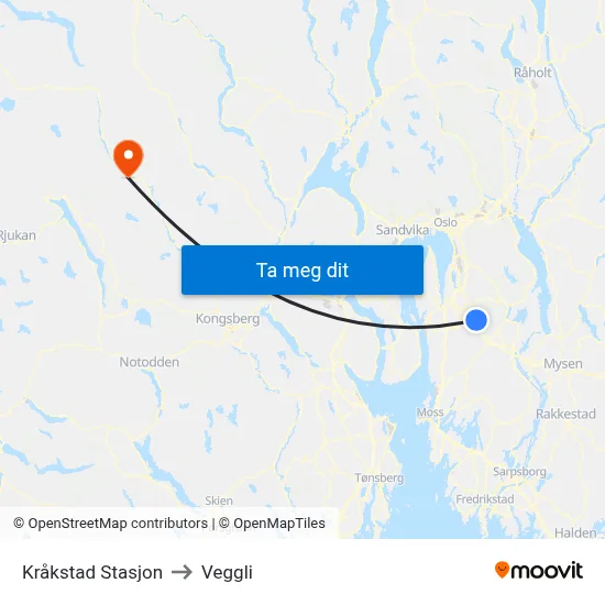 Kråkstad Stasjon to Veggli map