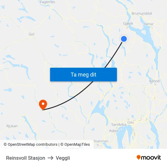 Reinsvoll Stasjon to Veggli map