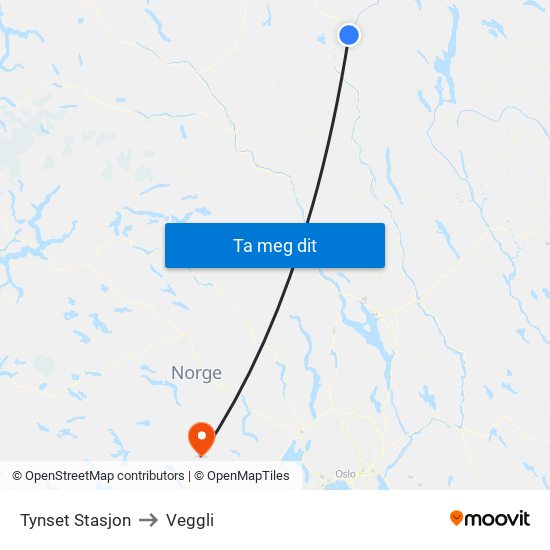 Tynset Stasjon to Veggli map