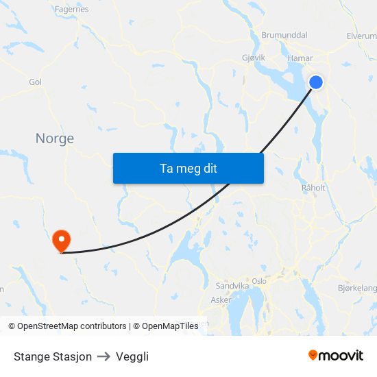 Stange Stasjon to Veggli map