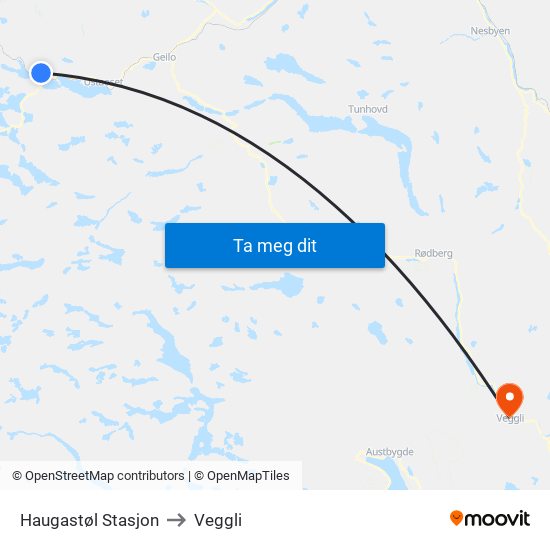 Haugastøl Stasjon to Veggli map
