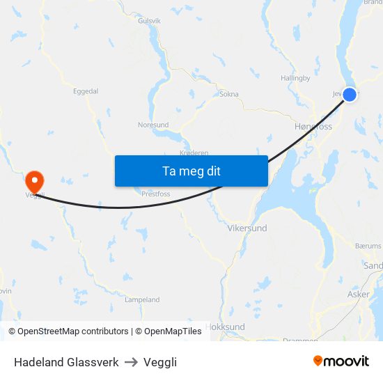 Hadeland Glassverk to Veggli map