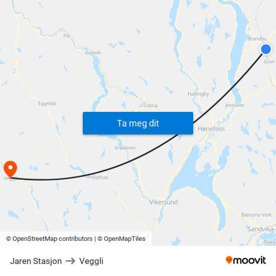 Jaren Stasjon to Veggli map
