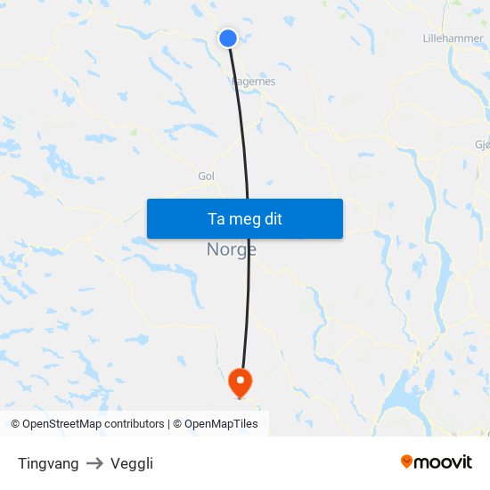 Tingvang to Veggli map
