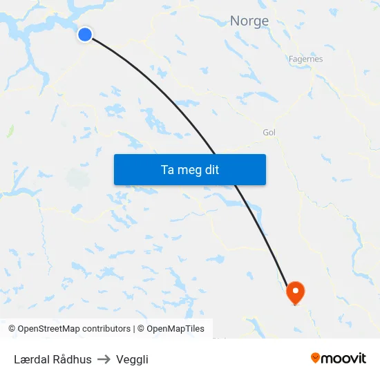 Lærdal Rådhus to Veggli map