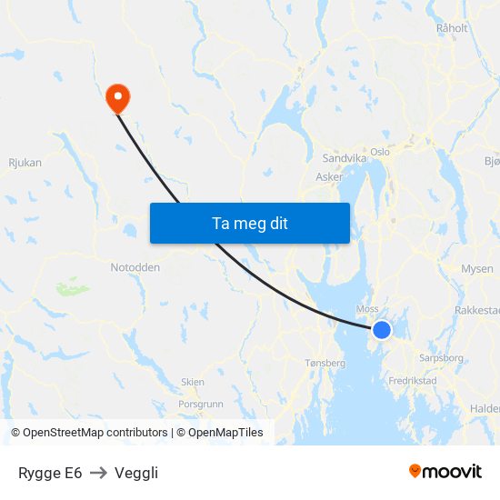 Rygge E6 to Veggli map