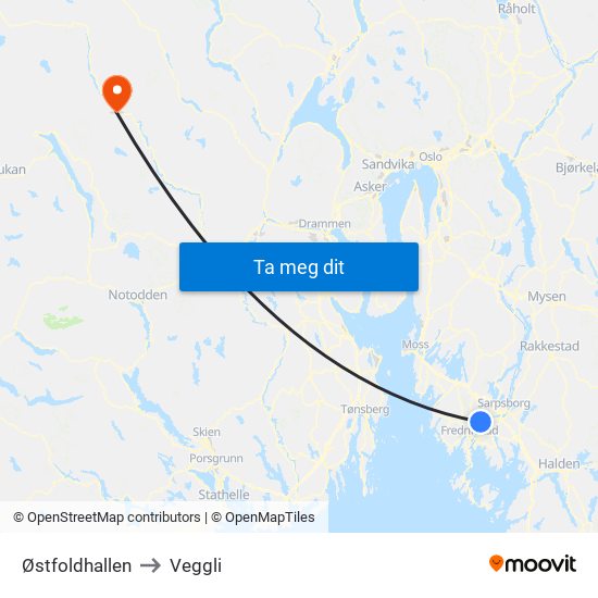 Østfoldhallen to Veggli map