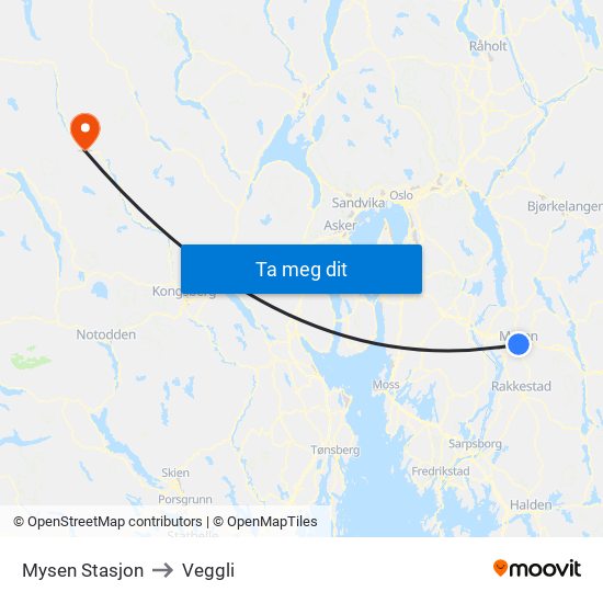 Mysen Stasjon to Veggli map