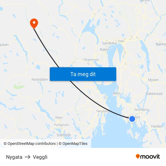 Nygata to Veggli map