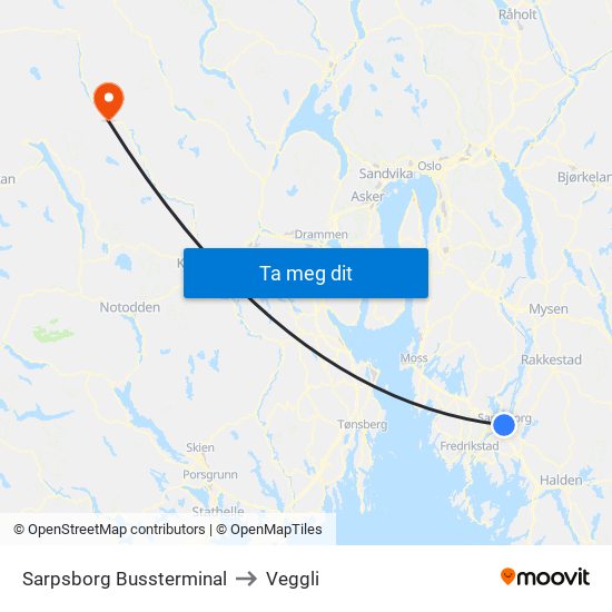 Sarpsborg Bussterminal to Veggli map