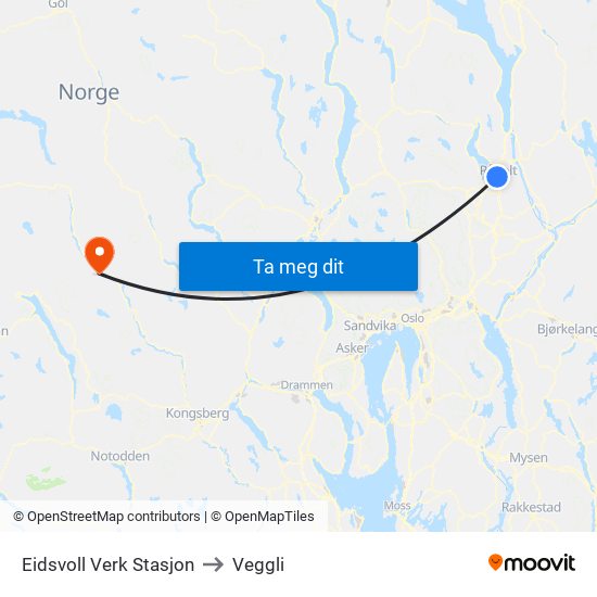 Eidsvoll Verk Stasjon to Veggli map