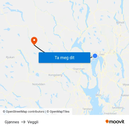 Gjønnes to Veggli map