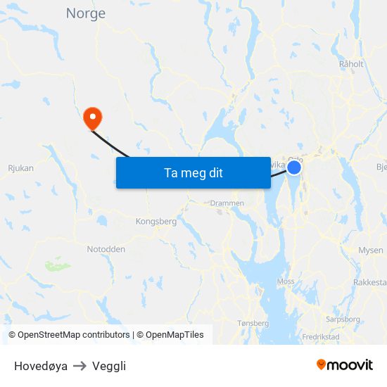Hovedøya to Veggli map