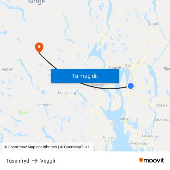 Tusenfryd to Veggli map