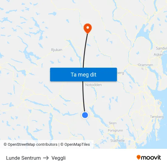 Lunde Sentrum to Veggli map