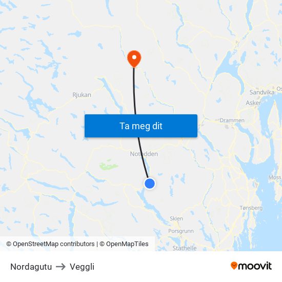 Nordagutu to Veggli map