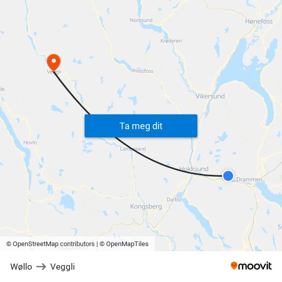 Wøllo to Veggli map