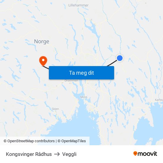 Kongsvinger Rådhus to Veggli map