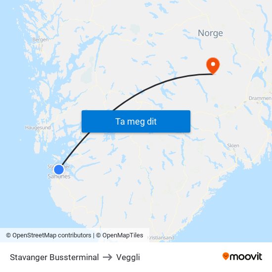 Stavanger Bussterminal to Veggli map
