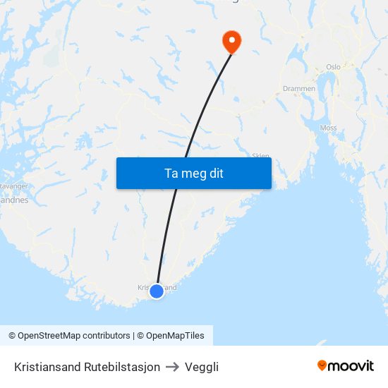Kristiansand Rutebilstasjon to Veggli map