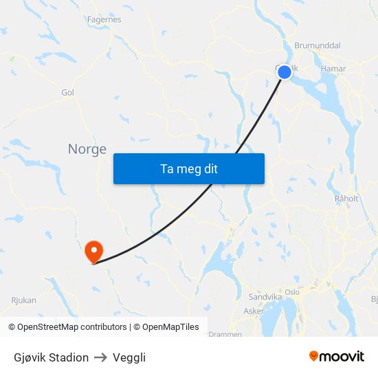 Gjøvik Stadion to Veggli map