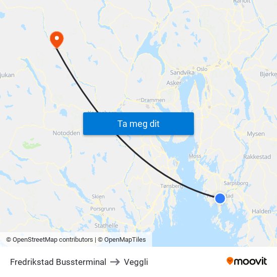 Fredrikstad Bussterminal to Veggli map