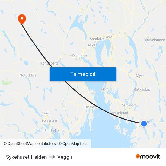 Sykehuset Halden to Veggli map