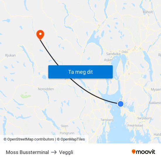 Moss Bussterminal to Veggli map