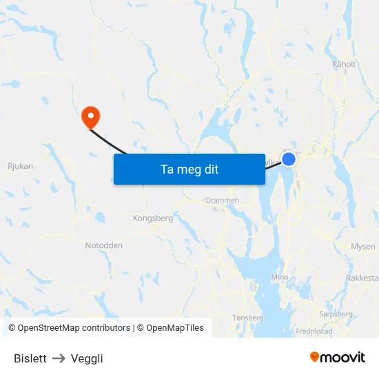 Bislett to Veggli map