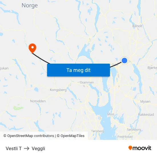 Vestli T to Veggli map