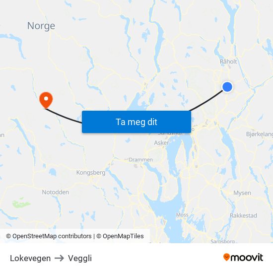 Lokevegen to Veggli map