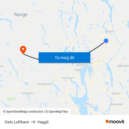 Oslo Lufthavn to Veggli map