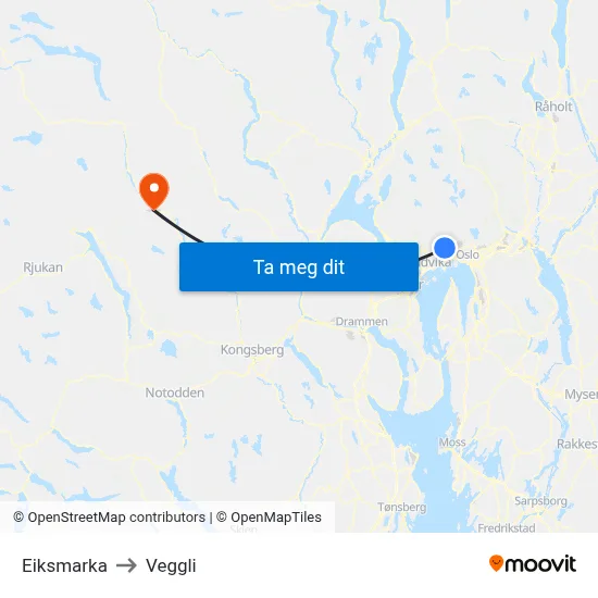 Eiksmarka to Veggli map