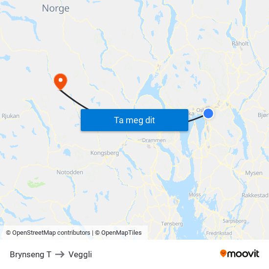 Brynseng T to Veggli map