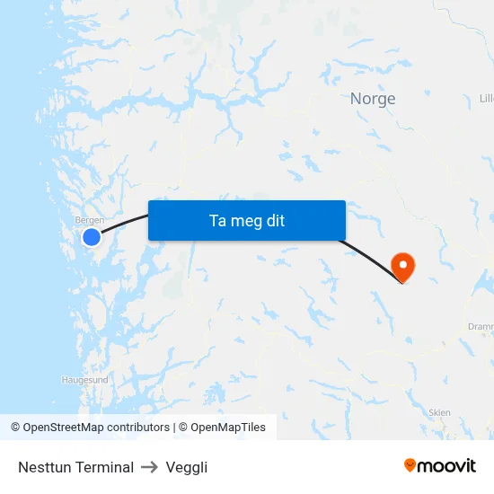 Nesttun Terminal to Veggli map