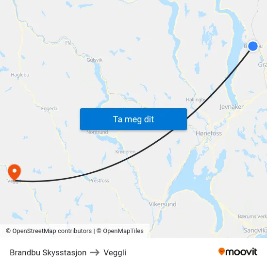 Brandbu Skysstasjon to Veggli map