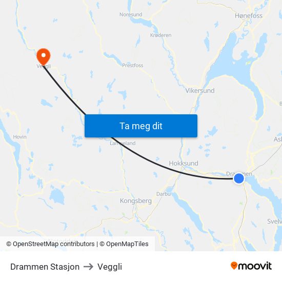 Drammen Stasjon to Veggli map