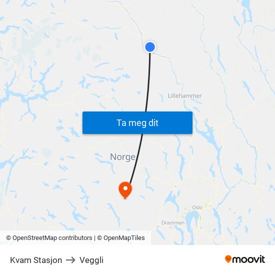 Kvam Stasjon to Veggli map